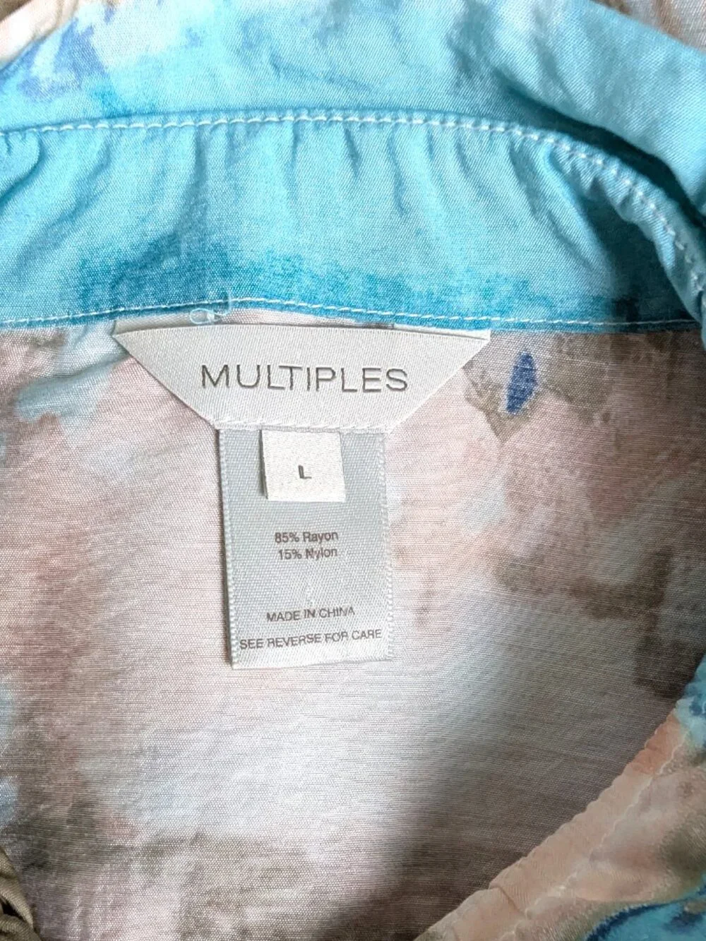 Multiples Wired Collar Tunic Size L Blue Abstract Button Front Shirt Artsy - Picture 7 of 7